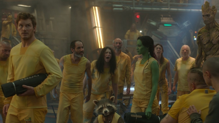 Chris Pratt, Zoe Saldana, David Bautista se donnent la réplique dans Les Gardiens de la galaxie.