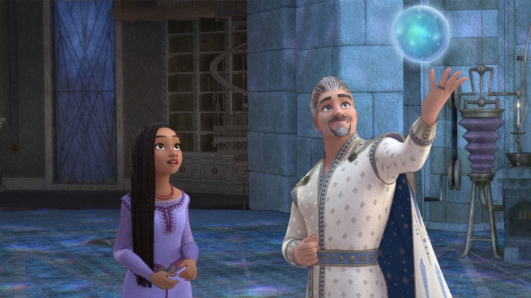 Asha (Océane Demontis) et le roi Magnifico (Lambert Wilson) dans Wish, Asha et la bonne étoile.
