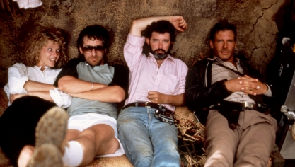 Kate Capshaw, Steven Spielberg, George Lucas et Harrison Ford sur le tournage d