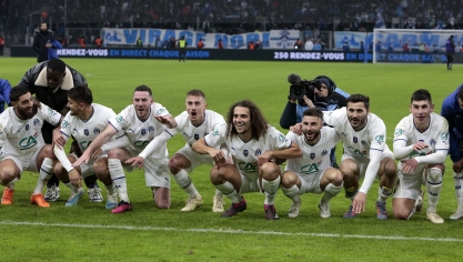 La joie des Marseillais, tombeurs du PSG en huitième de finale et qui affronteront Annecy lors des quarts de finale de cette Coupe de France