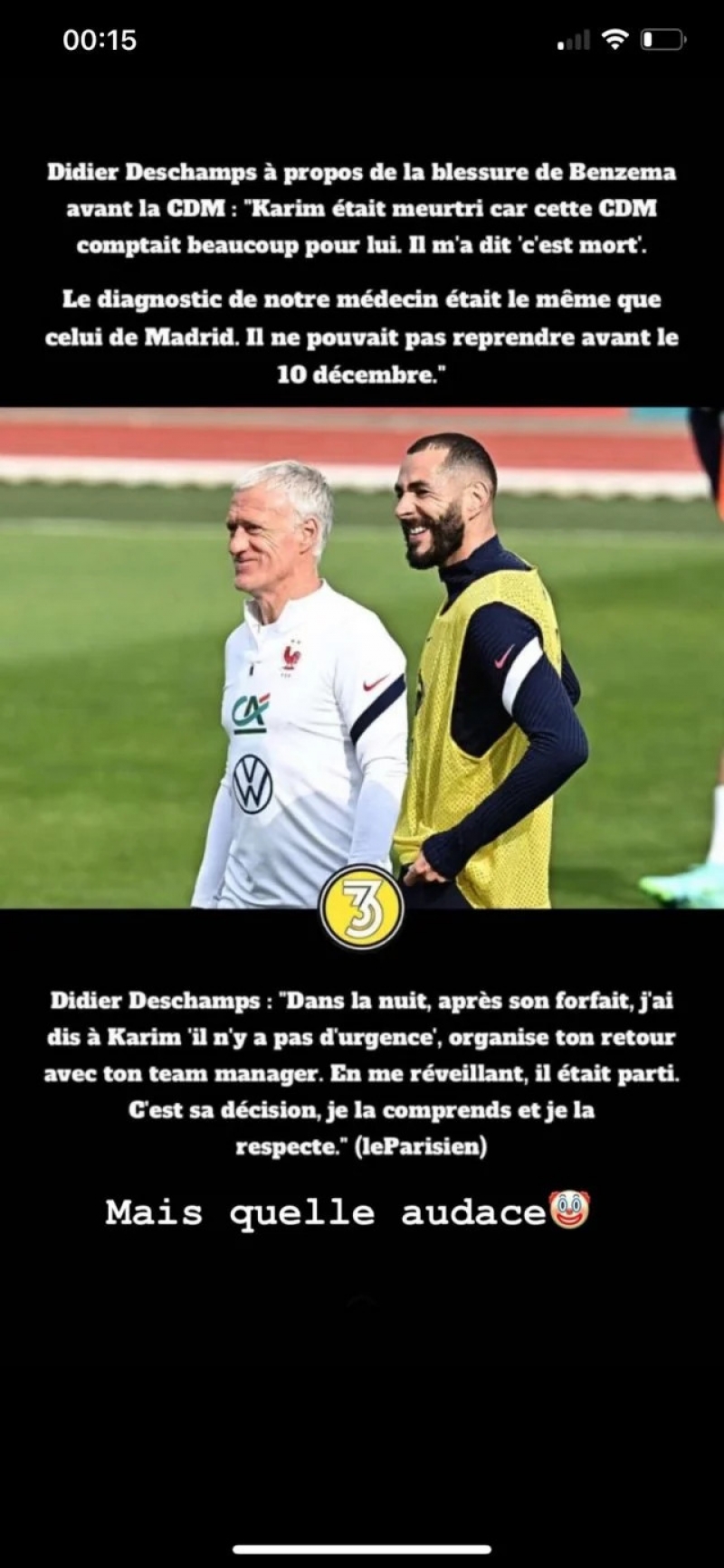 Karim Benzema a répondu aux propos de Didier Deschamps dans une story Instagram