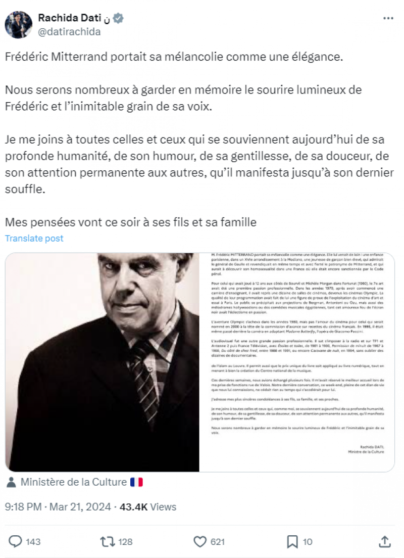 Rachida Dati rend hommage à Frédéric Mitterrand