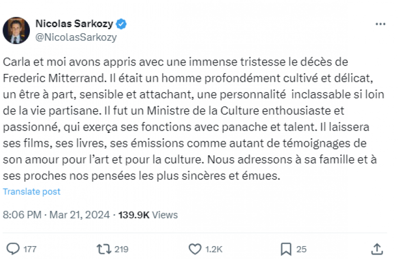 Nicolas Sarkozy rend hommage à Frédéric Mitterrand